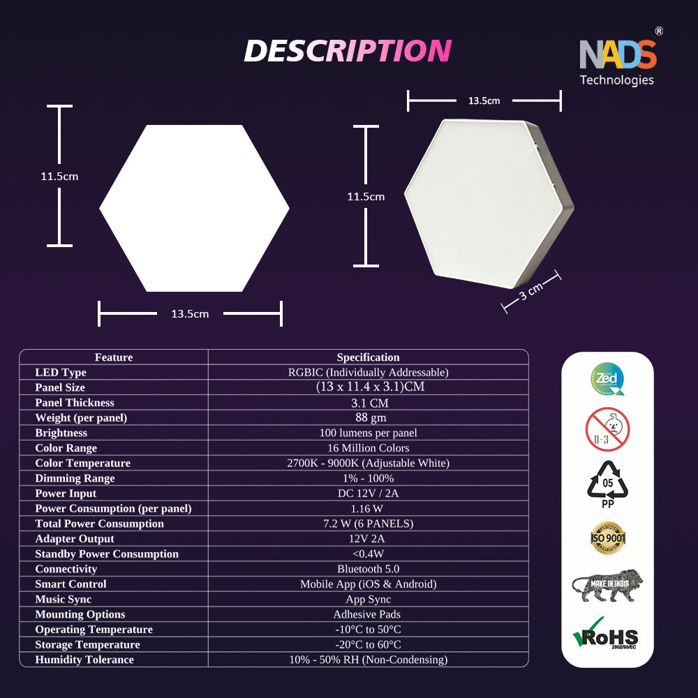 Hexagon LED Light Panels (Set of 6 Panels) RGBIC Smart Wall Lights with App Control, Music Sync, 16 Million Colors | Gaming Room, Bedroom, Home Décor Lights