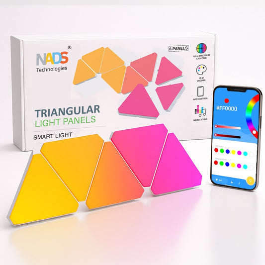 NADS Triangle RGBIC Wall Light Panels – Music Sync, Multicolor Effects, DIY Layout, App Controlled Lighting for Gaming & Room Decor (6 Pack)