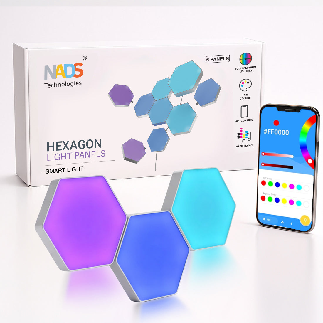 Hexagon LED Light Panels (Set of 6 Panels) RGBIC Smart Wall Lights with App Control, Music Sync, 16 Million Colors | Gaming Room, Bedroom, Home Décor Lights