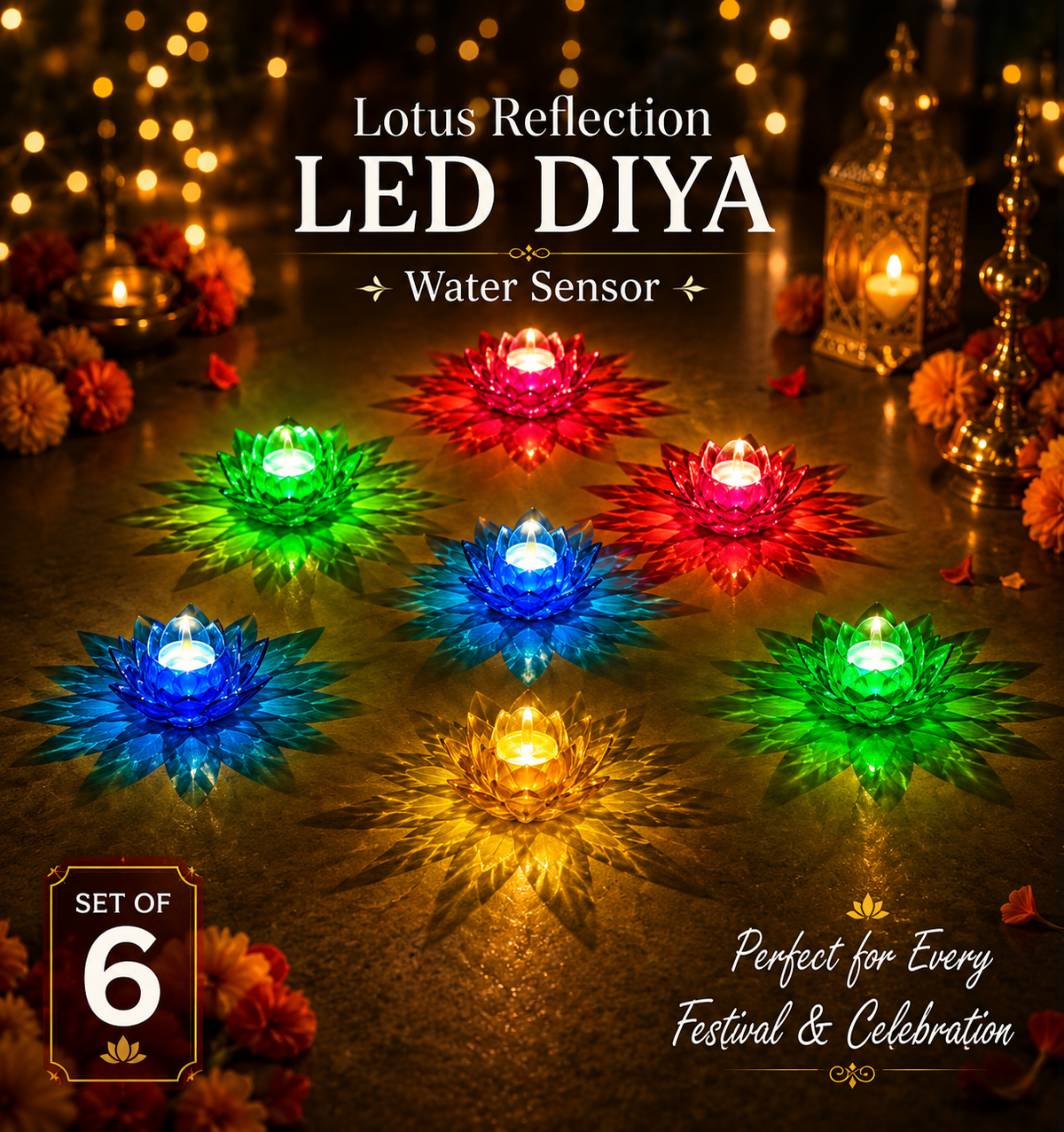 Set of 6, Water Sensor 3D Lotus Reflection Diya | Led Lotus Diya, Diya Lights, Big Reflecting Diya