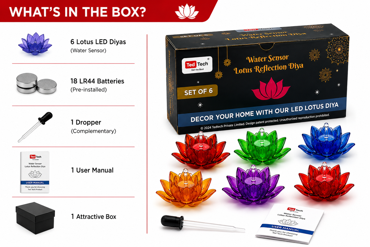 Set of 6, Water Sensor 3D Lotus Reflection Diya | Led Lotus Diya, Diya Lights, Big Reflecting Diya