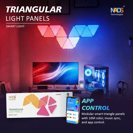 NADS Triangle RGBIC Wall Light Panels – Music Sync, Multicolor Effects, DIY Layout, App Controlled Lighting for Gaming & Room Decor (6 Pack)