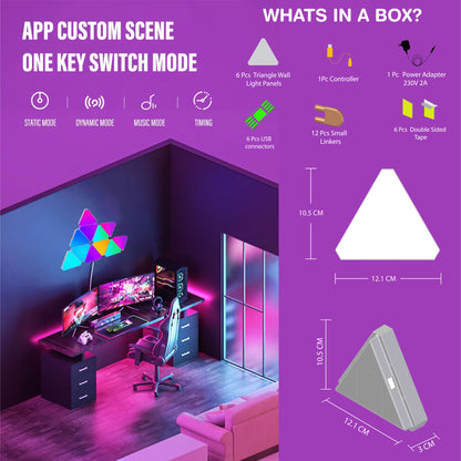 NADS Technologies Triangular Wall Light Panels, Smart RGBIC Lights for Gaming & Home Decor, 16 Million Colors, App Control, Music Sync (Pack of 6)