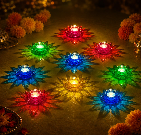 Set of 6, Water Sensor 3D Lotus Reflection Diya | Led Lotus Diya, Diya Lights, Big Reflecting Diya